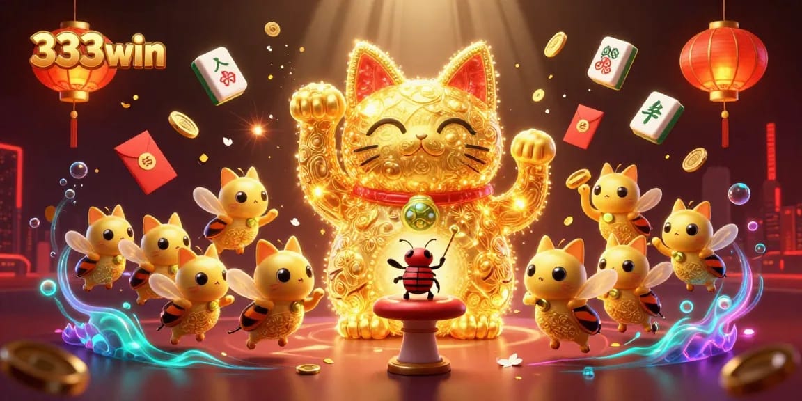 Engage with 333win's vibrant casino scene featuring a lucky cat and dynamic game elements.