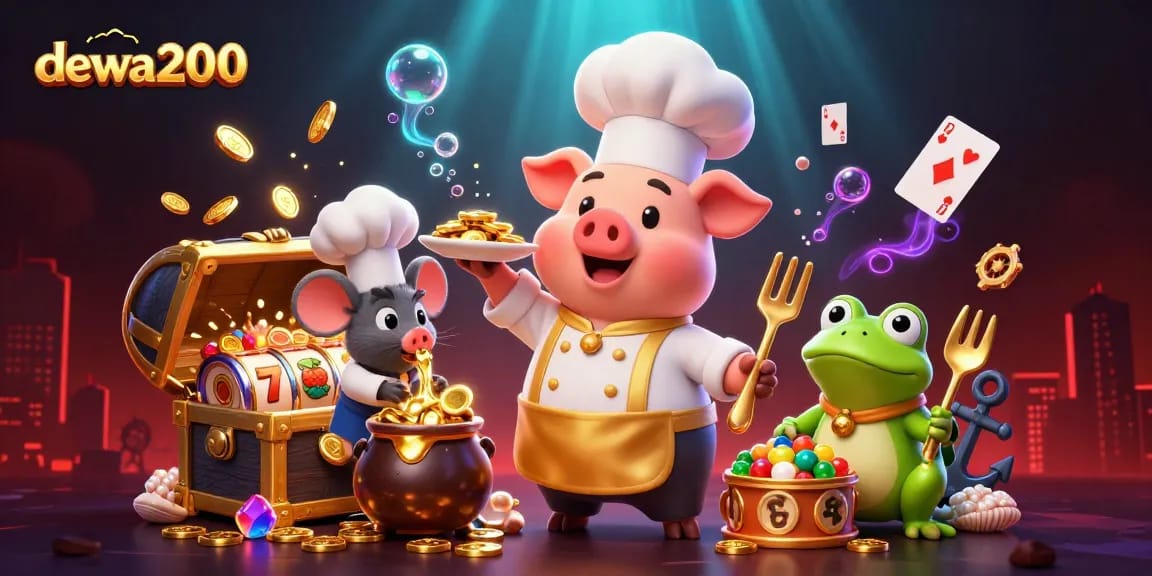 dewa200 menyediakan ilustrasi mendetail tentang chef babi 3D menyajikan koin emas di kasino.
