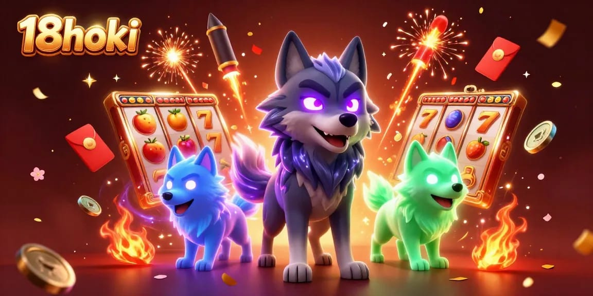 Experience thrilling wins with 18hoki as the wolf pack leader illuminates a vibrant casino scene.