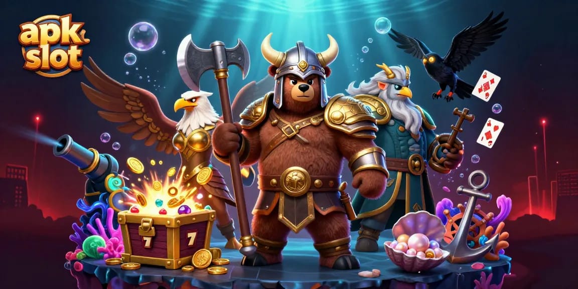 Menggandakan keseruan dengan apk slot, Viking beruang bajak laut dan elang Valkyrie di tengah tumpukan harta, permainan kartu, dan banyak efek visual menarik.