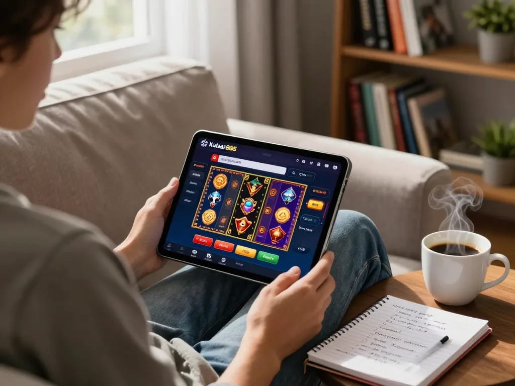 Kaisar888 online gaming scene with a person using a tablet for slots, cozy home atmosphere.