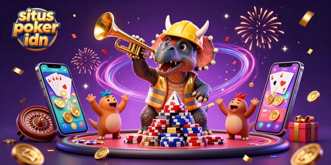 Experience the excitement with situs poker idn in a vibrant 3D celebration of poker gameplay, featuring playful characters and elements.