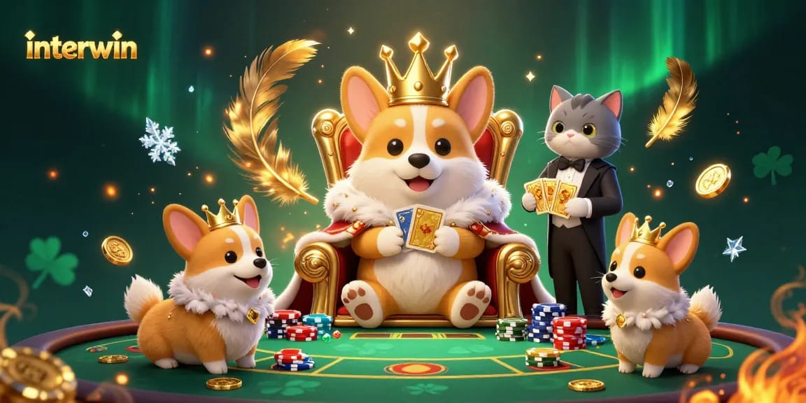 Experience the thrill of interwin with a royal corgi ruling over a poker scene filled with excitement.