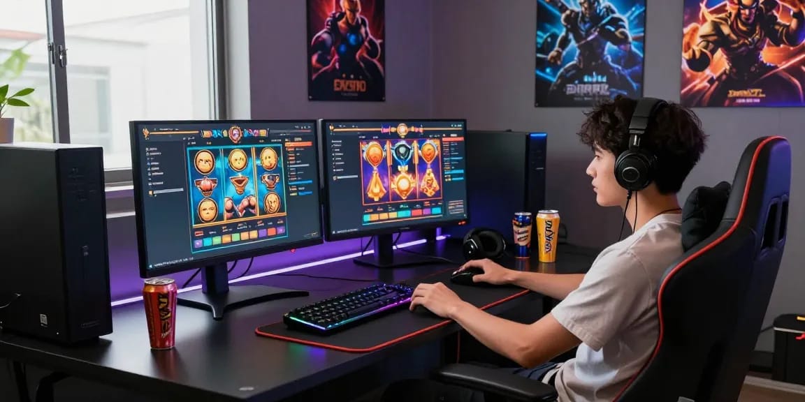 Gamer menikmati permainan slot dengan antusiasme di ruang gaming modern.