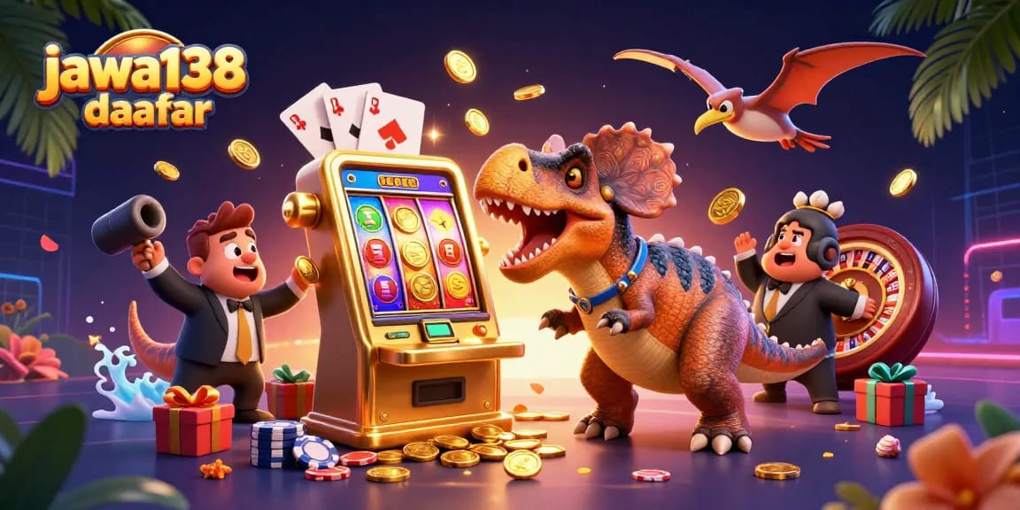 Permainan jackpot menakjubkan di bawah logo jawa138 daftar dengan dinosaurus dan mesin slot