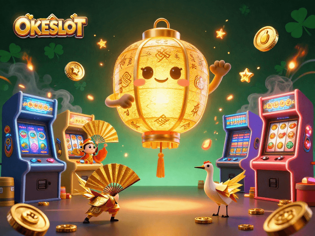 Menangkan fitur slot dengan OKESLOT, ilustrasi kartun 3D di kasino malam yang penuh warna.