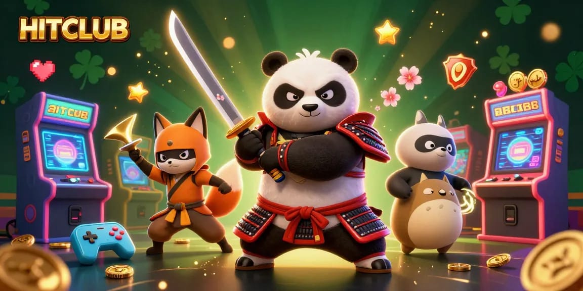 Engage with HITCLUB's vibrant gaming scene featuring samurai panda and ninja fox in dynamic action.