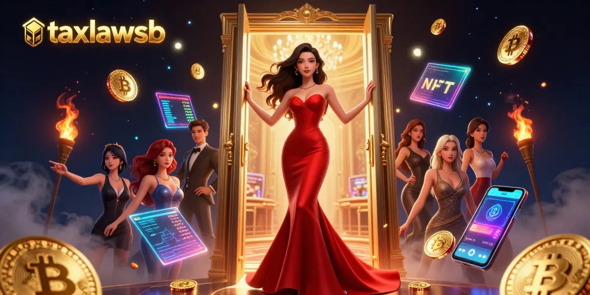 Experience taxlawsb in a vibrant VIP casino setting featuring an elegantly dressed woman amidst digital cryptocurrency elements.