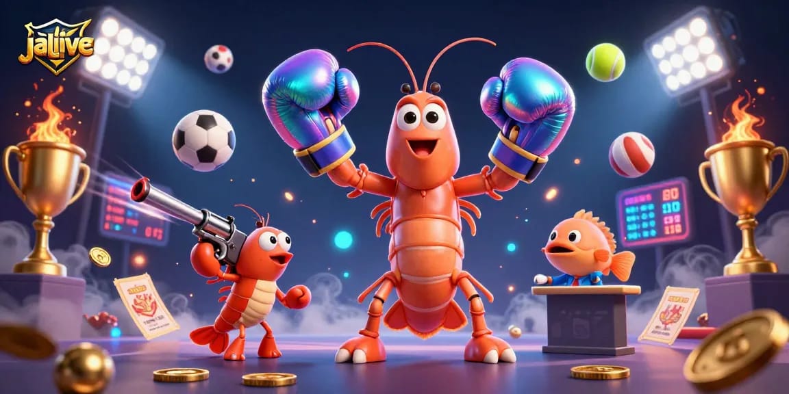 Experience thrilling sports betting action with jalalive, featuring lively cartoon shrimp characters and dynamic sports elements.