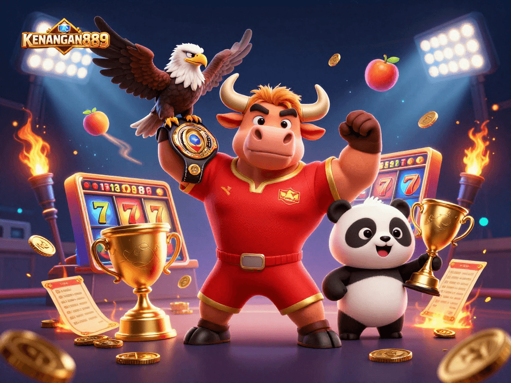 Experience exciting wins with KENANGAN889's vibrant slot games and dynamic characters in this engaging illustration.