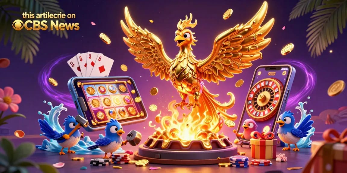 This artilcle on CBS News showcases a vibrant, dynamic casino scene featuring a molten phoenix and gaming elements.