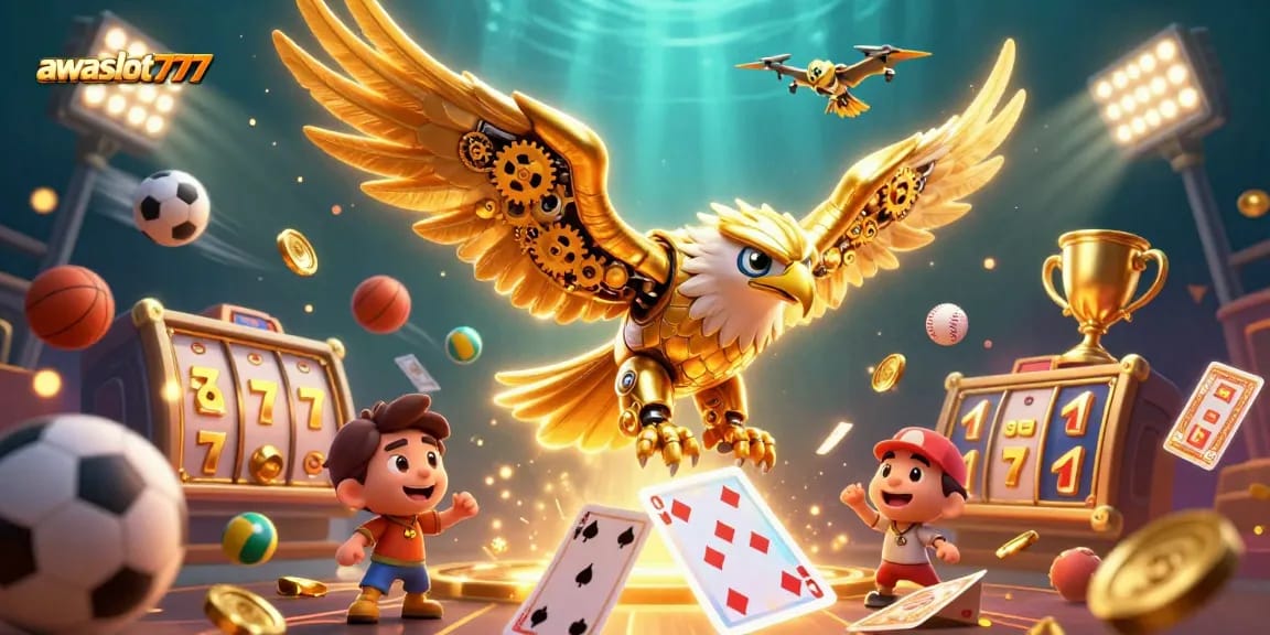 Experience the thrill of gaming with awslot777, showcasing 3D characters and vibrant gambling elements in action.