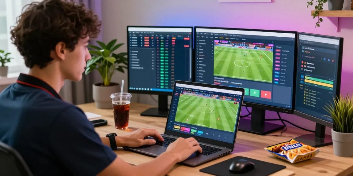 tempototo login for sports betting in a modern home office setting with laptops and snacks.