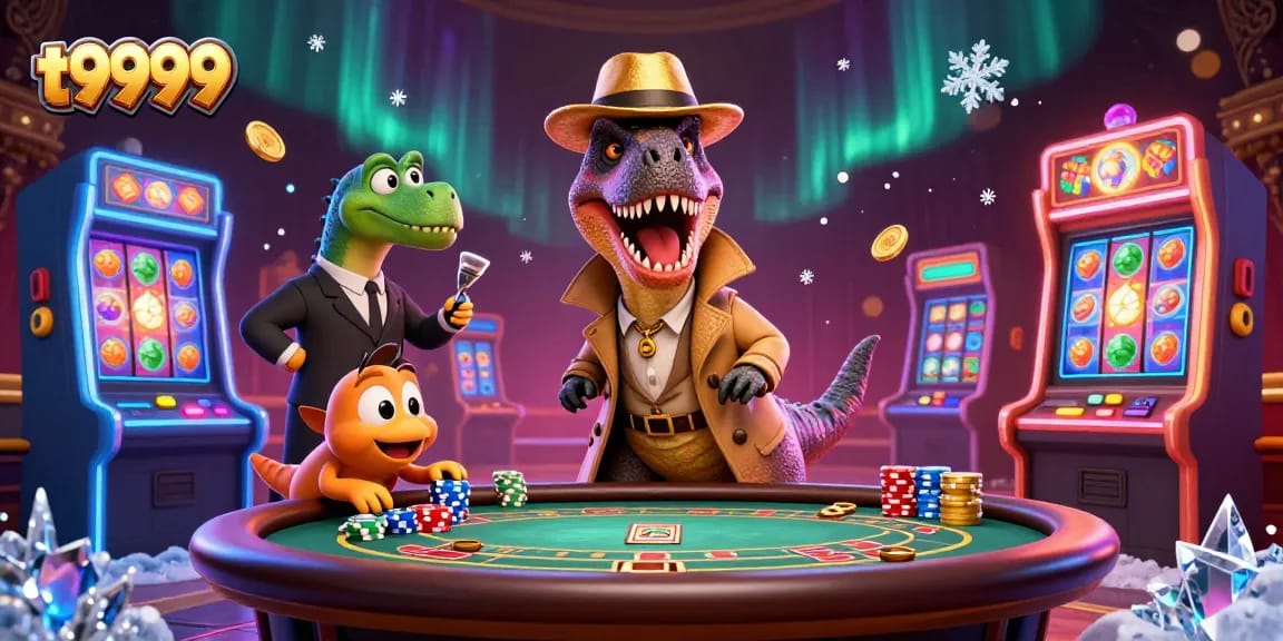 Experience excitement at t9999 casino with a cartoon velociraptor card counter surrounded by vibrant slot elements.