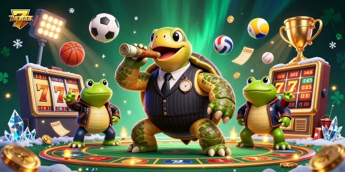 7METER showcases a vibrant casino scene with a snapping turtle and bullfrog enforcers amidst slot reels and flying coins.