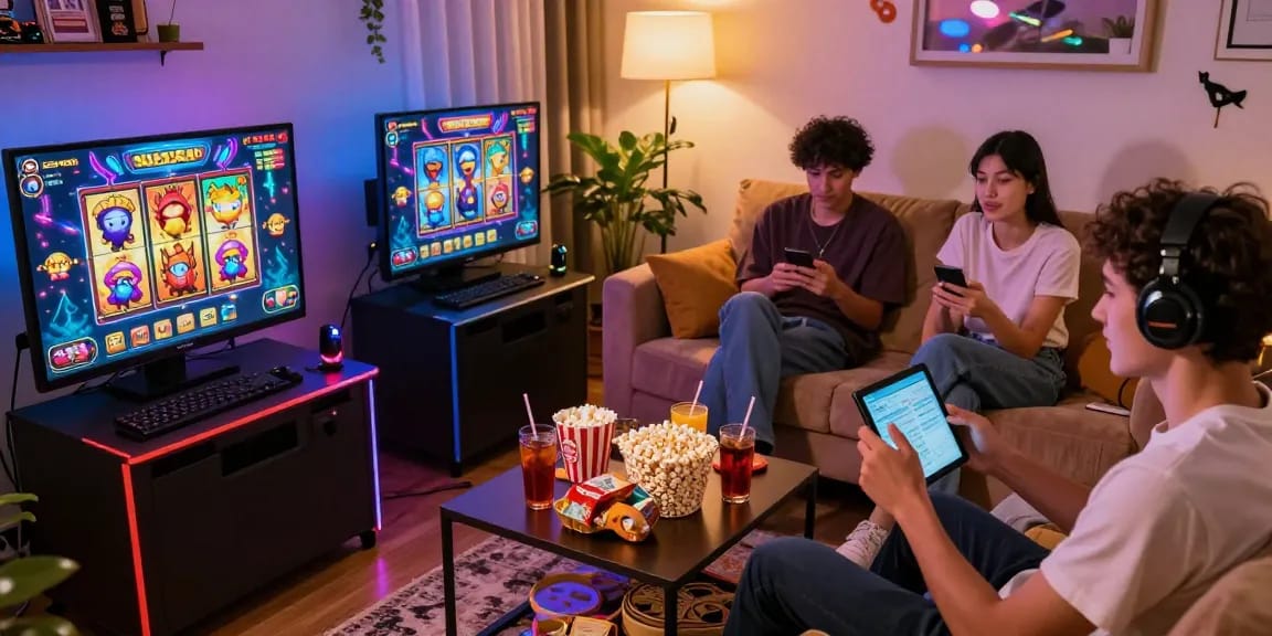 Pengalaman bermain NENG4D slot online di ruang tamu yang nyaman dengan suasana meriah.
