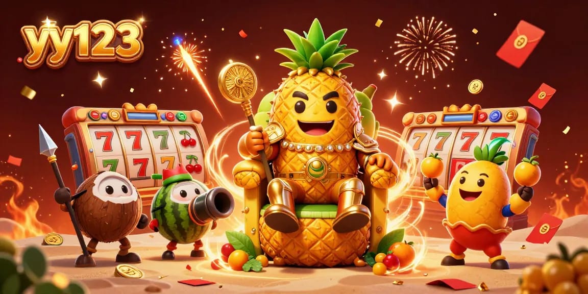 Permainan menarik di yy123, di mana raja nanas emas duduk di atas tahta buah sambil dikelilingi pelawak dan pengawal.