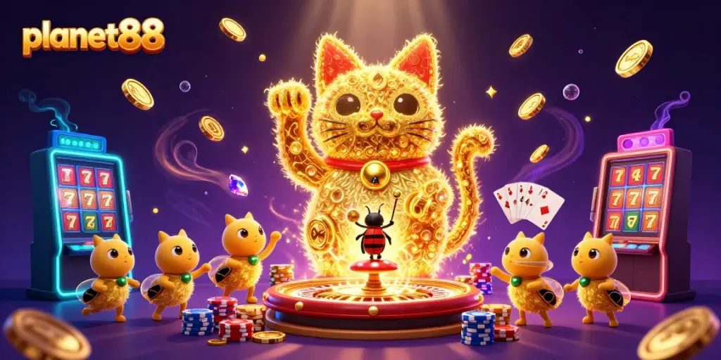 Experience the vibrant energy of planet88 with dynamic casino elements and a lucky cat illustration.