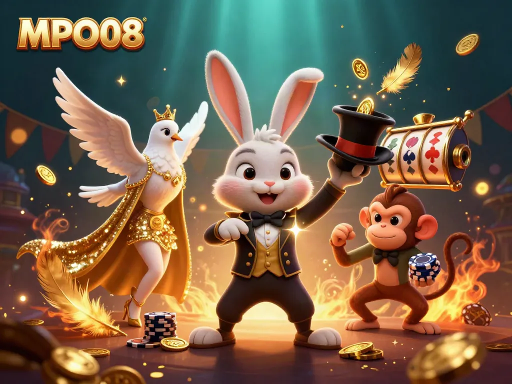 MPO08 brings excitement with a magician rabbit pulling golden coins amid vibrant casino elements and dynamic characters.
