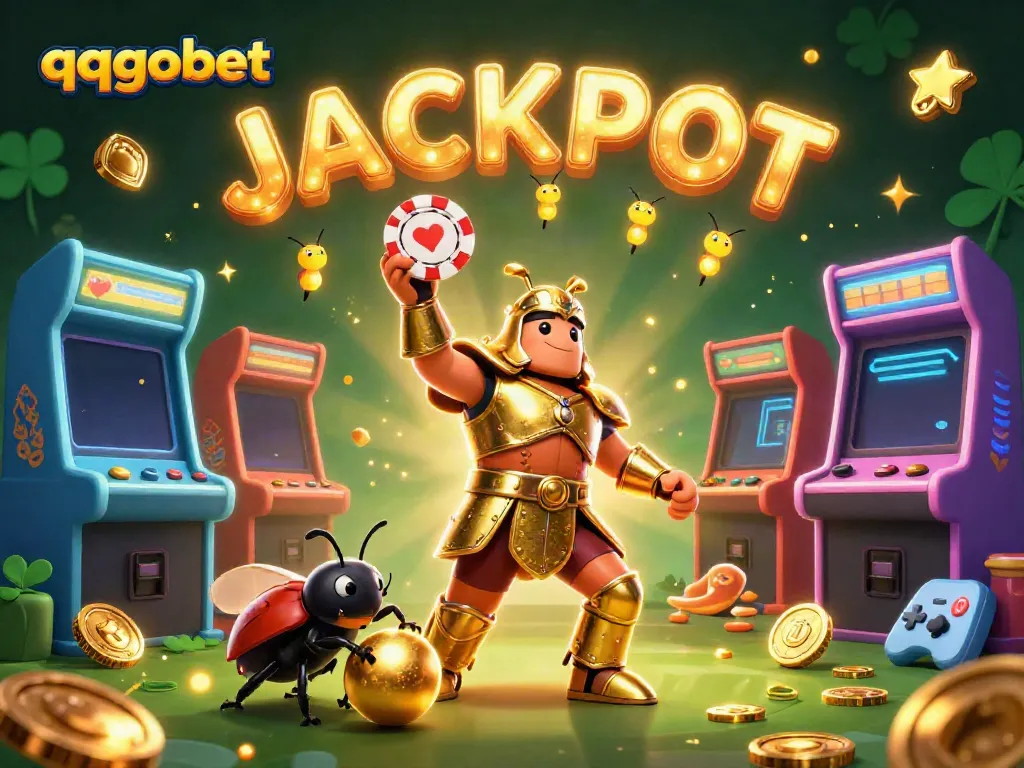 Experience the thrill of qqgobet with animated characters celebrating a jackpot in a vibrant casino arcade scene.