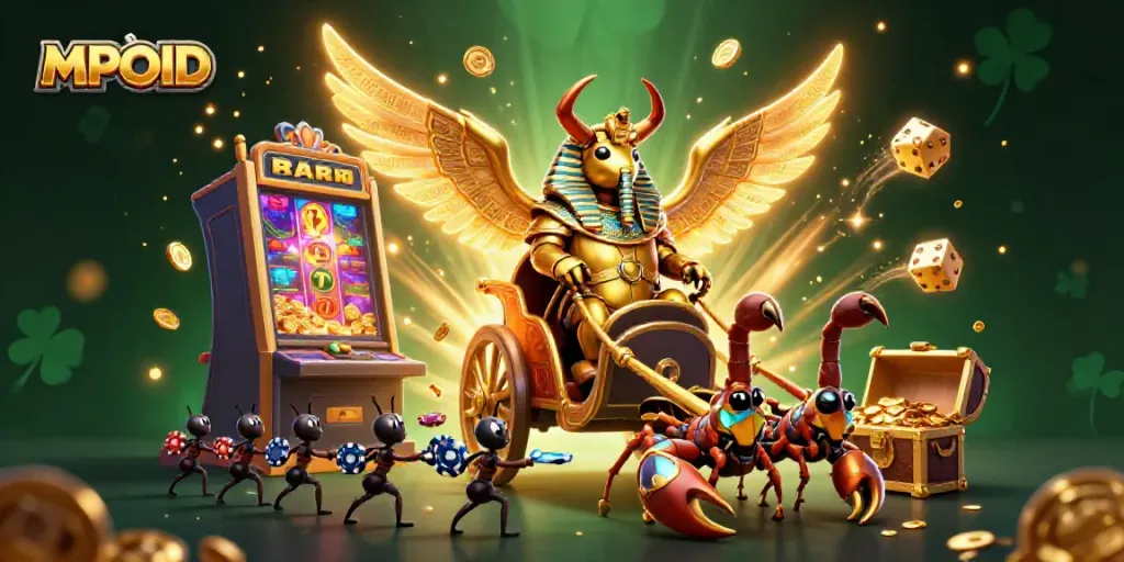 MPOID showcases a vibrant casino scene with a golden scarab beetle, slot machine, and colorful effects.