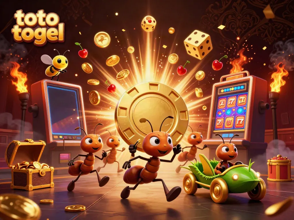 Engage with the thrilling world of toto togel through a captivating heist scene featuring animated ants, showcasing vibrant casino elements and a dramatic atmosphere.
