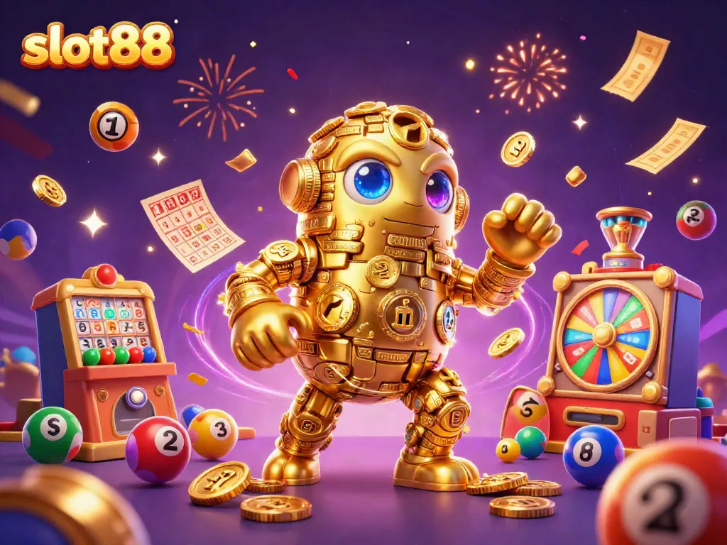 Experience thrilling wins with slot88 in this vibrant 3D casino illustration.