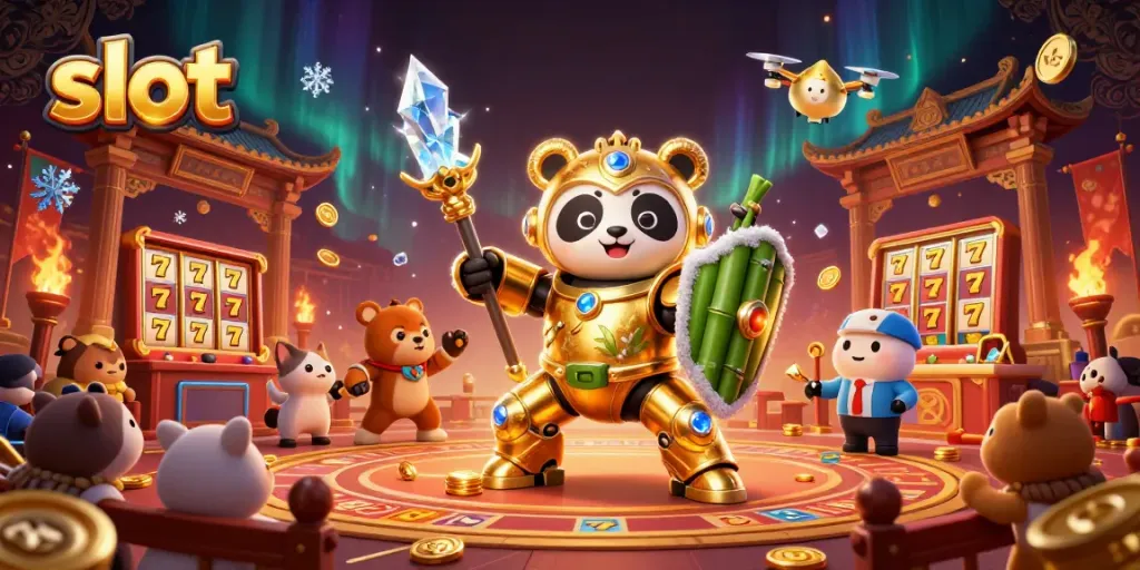 Slot membawa keberuntungan: ilustrasi kasino 3D dengan panda dan elemen permainan