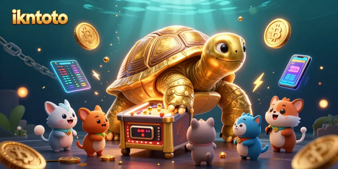 Engage with ikntoto's thrilling crypto casino ecosystem featuring a lively tortoise and vibrant gaming elements.
