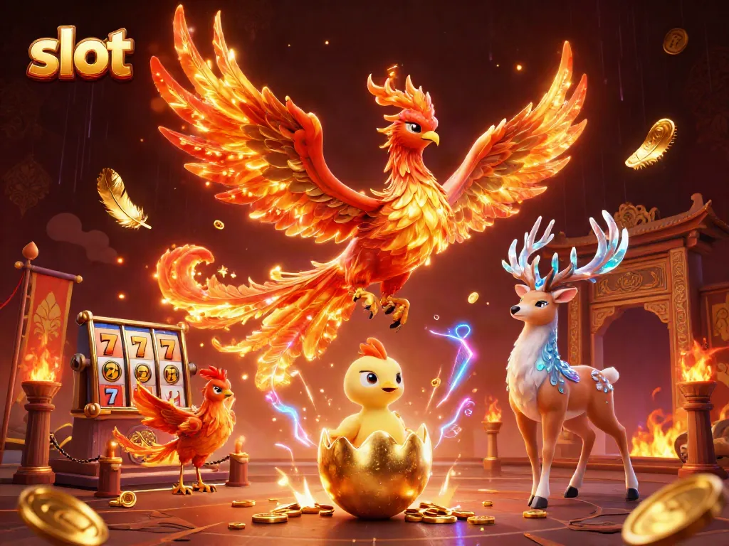 Menangkan slot dalam permainan kasino yang menampilkan phoenix dan staghorn magis.