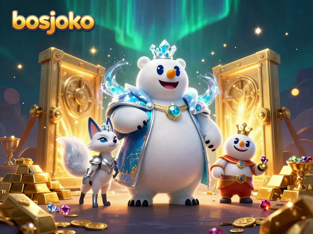 Play with excitement on bosjoko's vibrant slots, featuring a captivating ice king and a treasure-filled scene.