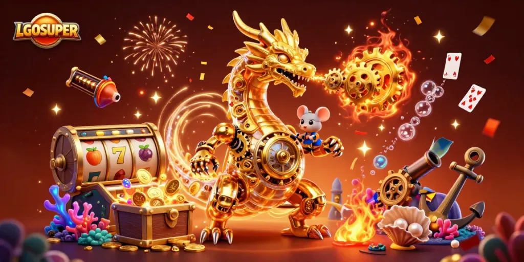 Engage with LGOSUPER’s jackpot reels and vibrant 3D characters in an enchanting casino scene.