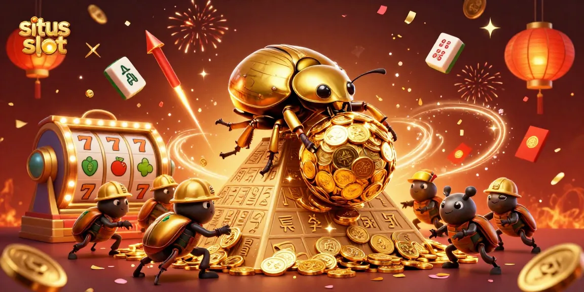 Engage in situs slot gaming excitement with a golden beetle dynamic scene featuring vibrant casino elements.