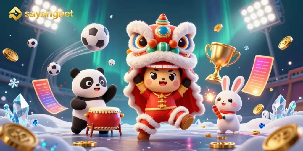 Engage with exciting games on sayangbet, featuring lively lion dance characters and dynamic sports elements.