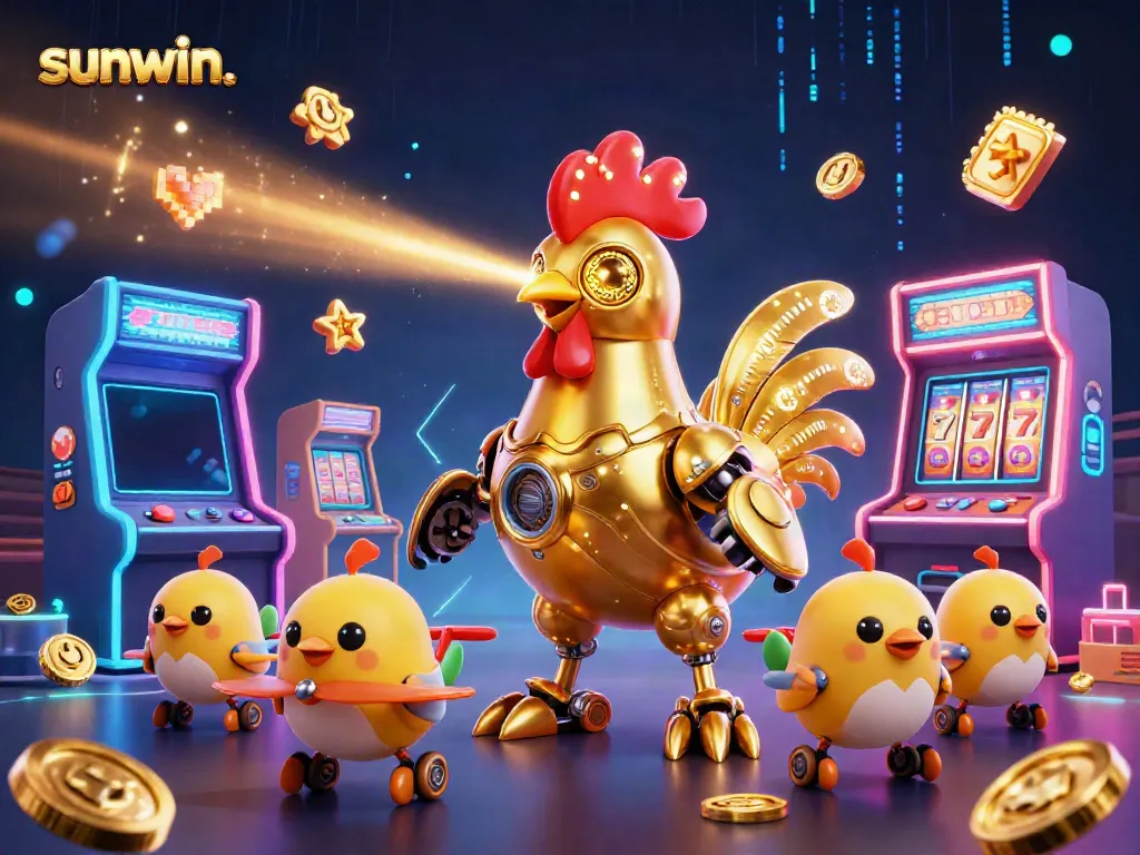 Experience the exciting world of sunwin. with a golden rooster robot and baby chick drones in a vibrant casino arcade setting.