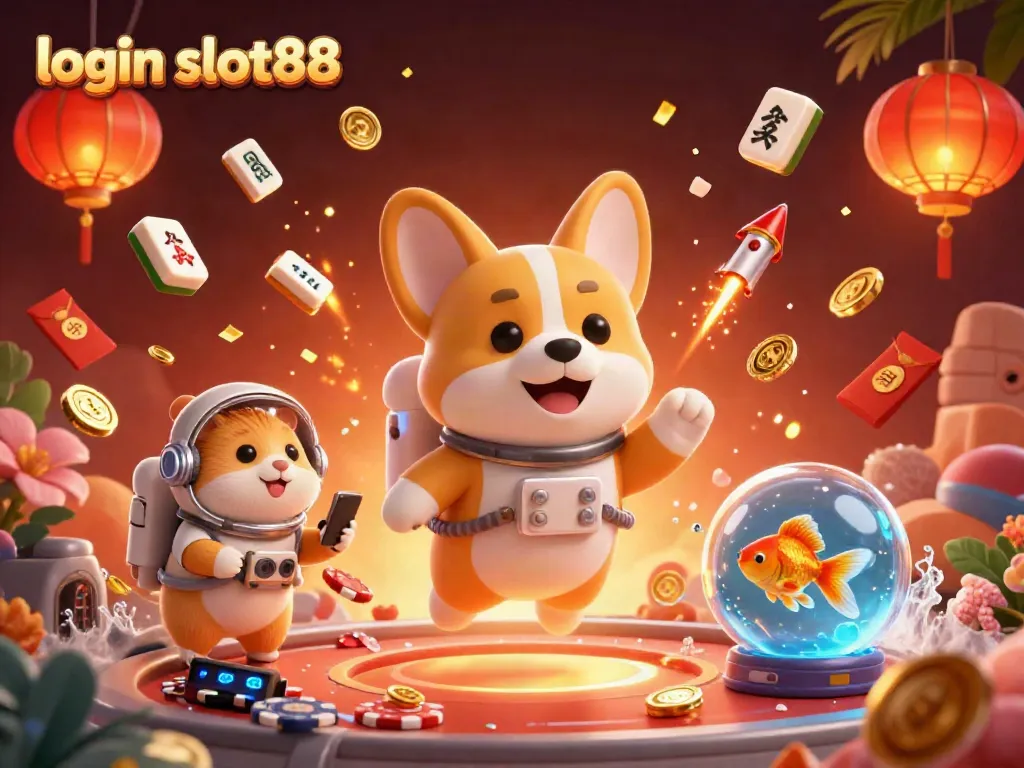Experience excitement with login slot88 as corgi and friends float in a dynamic casino scene.