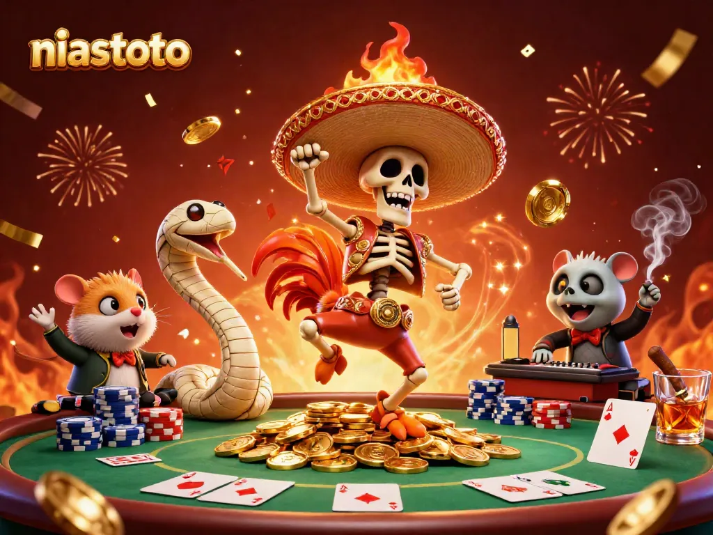 Experience thrilling games at NIASTOTO with a vibrant 3D illustration showcasing dynamic casino elements.