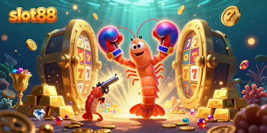 Engage with slot88's exciting gameplay through this vibrant underwater 3D illustration featuring dynamic casino elements.