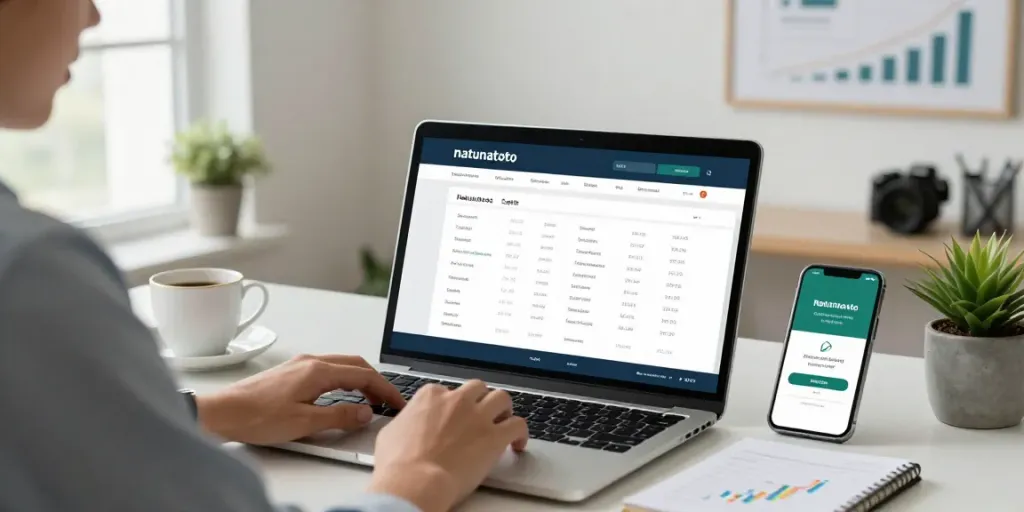 Antarmuka login natunatoto untuk pengguna dengan catatan keuangan di meja.