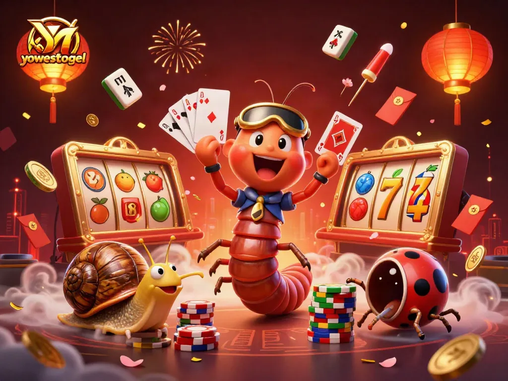 Join the excitement at yowestogel with a dynamic casino scene featuring vibrant game elements and animated characters.
