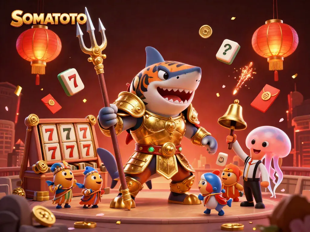 Experience thrilling slots with SOMATOTO in an epic underwater colosseum featuring a tiger shark in gladiator armor.