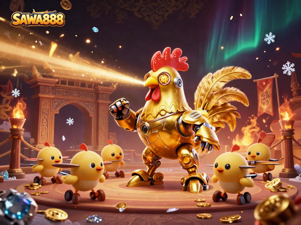 Experience the excitement of SAWA888 with a golden rooster robot and baby chick drones in a vibrant casino scene.