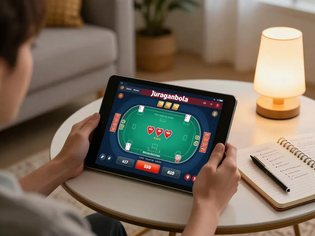 Player enjoys Juraganbola gaming on a tablet in a cozy home setting.