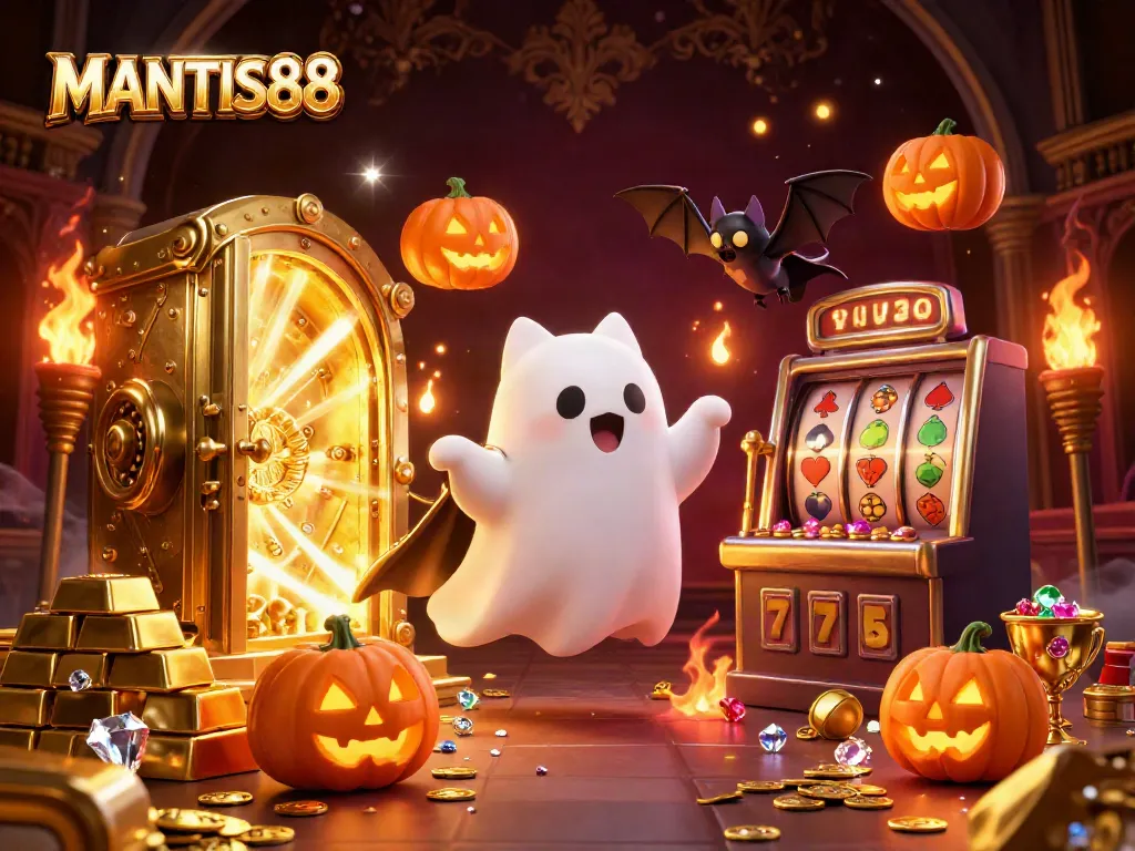 MANTIS88 showcases a ghost cat and bat in a vibrant casino setting, enhancing the excitement of online gambling.
