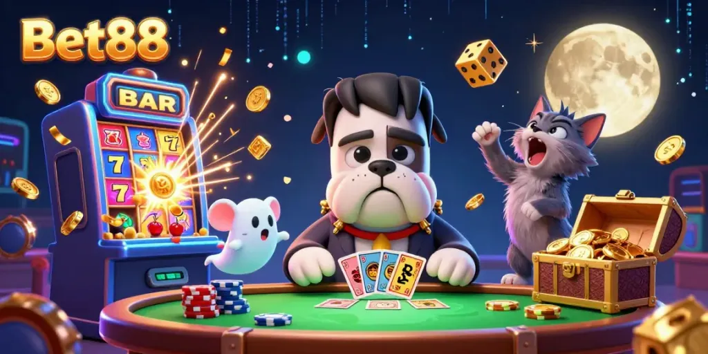 Engage in Bet88 with a lively casino scene featuring a Frankenstein bulldog dealer and magical gaming elements.