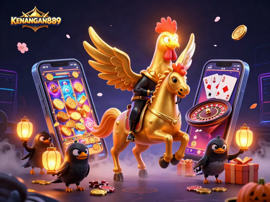 Engage with KENANGAN889's vibrant casino experience portrayed by a golden rooster riding a spectral horse.