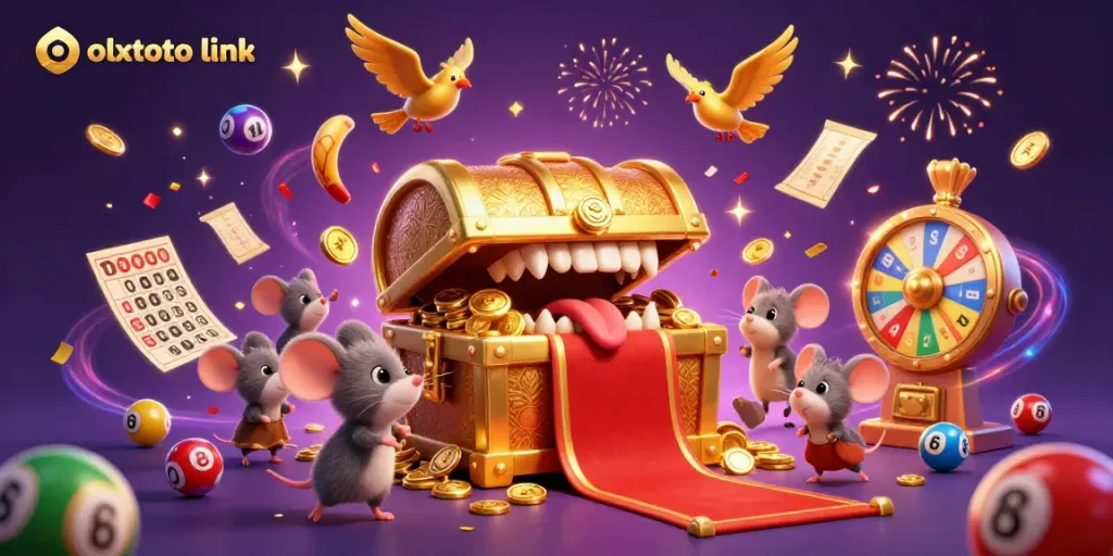 Engage with the thrilling olxtoto link experience featuring colorful lottery elements and a treasure chest.