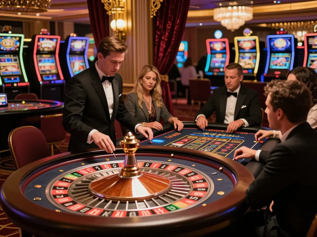 Engaged players at a Juraganbola roulette table placing bets in a vibrant casino.