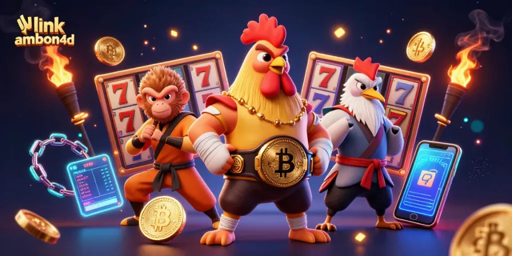 Engage in thrilling gaming with link ambon4d as a fierce Muay Thai rooster and Shaolin monkey showcase slots and crypto excitement.