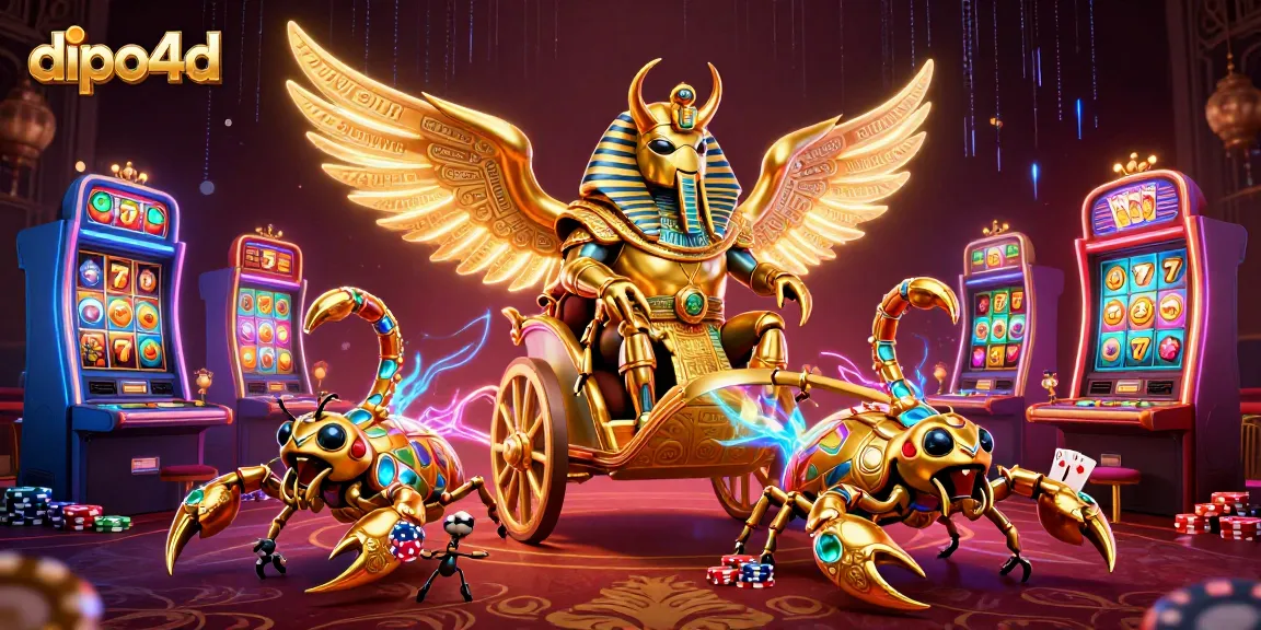 Engage with dipo4d's vibrant gaming universe featuring a majestic scarab beetle in a bustling casino.